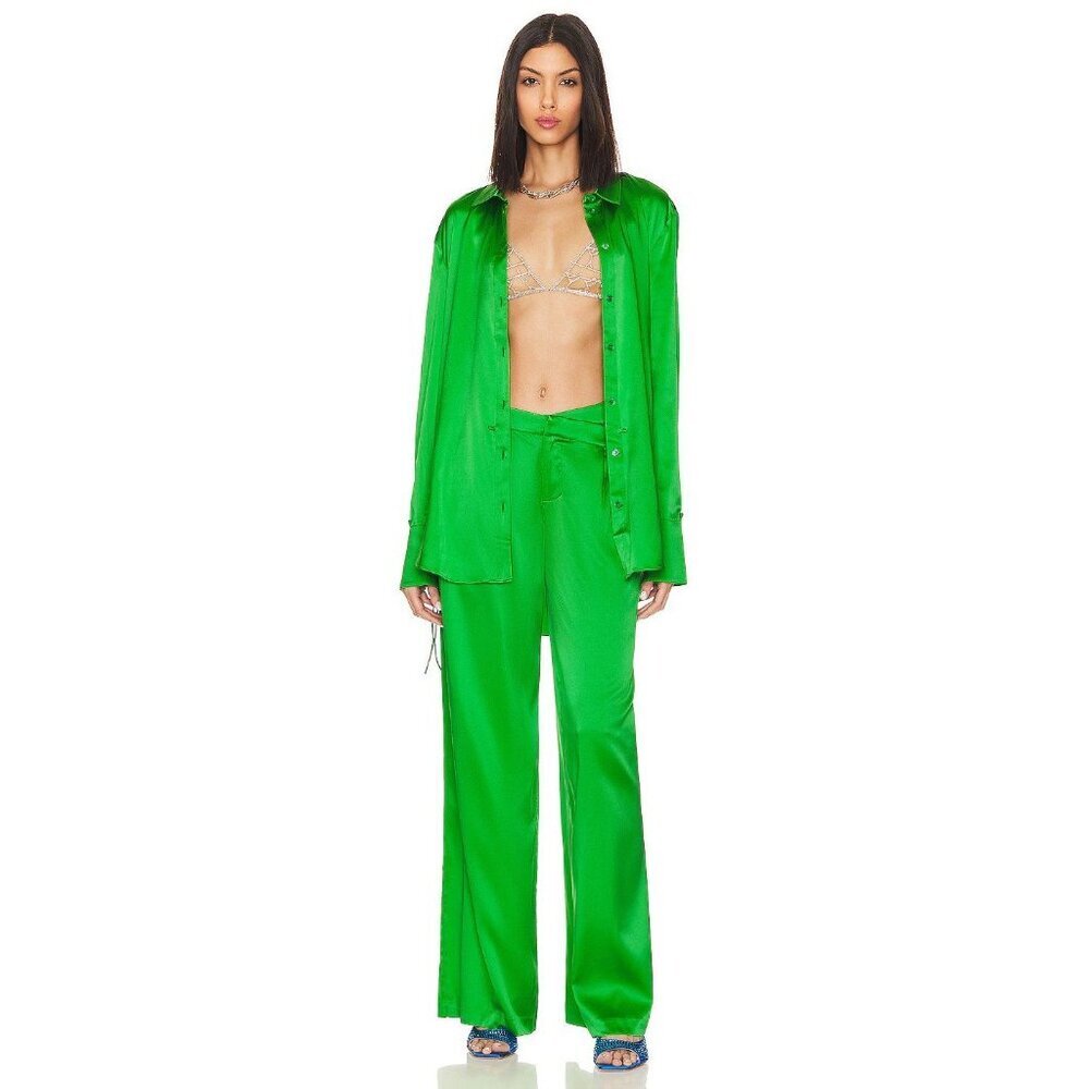 SEROYA Zarri Silk Wide Leg Pant Kelly Green Womens Size Small - Picture 2 of 13
